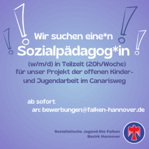SharePic einer Stellenausschreibung für Sozialpädagog*innen: Jugendarbeit im Canarisweg / Hannover